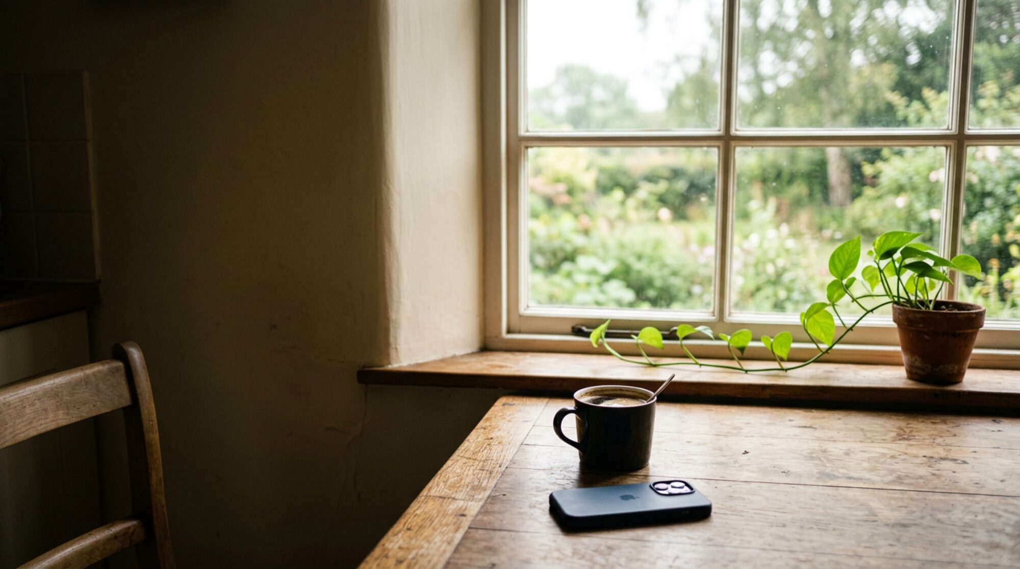A quiet kitchen window with coffee, a phone face-down and a vine on the sill